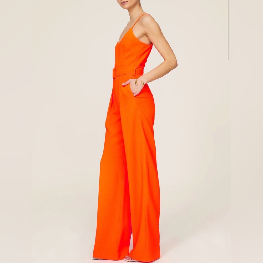 Black Halo Evie Wide-Leg V-Neck Belted Sleeveless Orange Jumpsuit W/Pockets Sz 2 - Picture 2 of 8